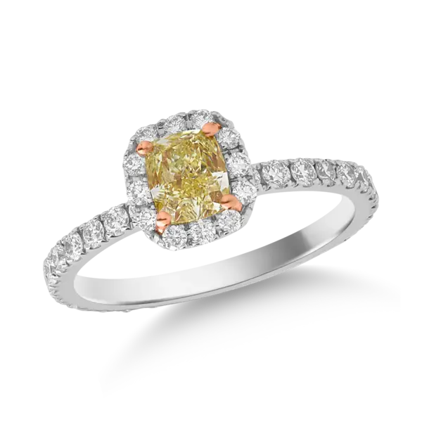 Inel din aur alb cu diamant fancy galben radiant de 0.7ct si diamante de 0.7ct