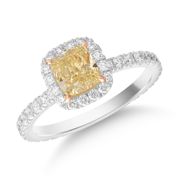 Inel din aur alb cu diamant fancy galben rectangular de 1ct si diamante de 0.6ct
