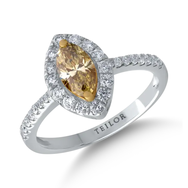 Inel din aur alb cu diamant fancy-multicolor marquise de 0.59ct si diamante de 0.3ct