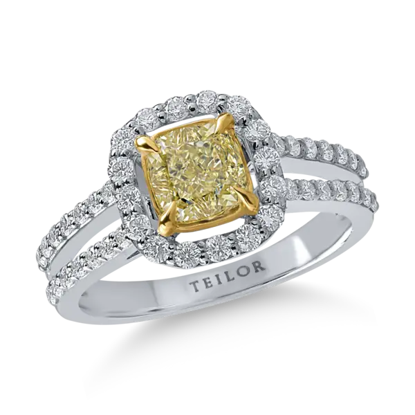 Inel din aur alb cu diamant galben cushion de 1ct si diamante transparente de 0.5ct