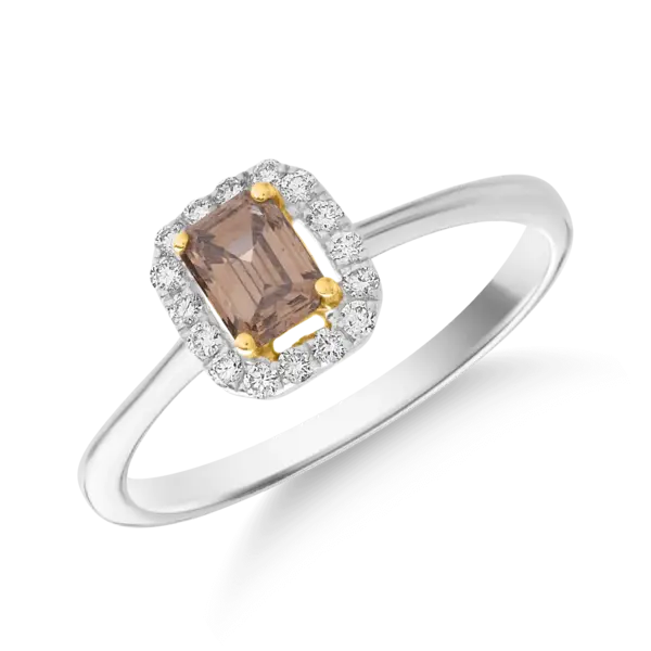 Inel din aur alb cu diamant maro rectangular de 0.48t si diamante transparente de 0.1ct