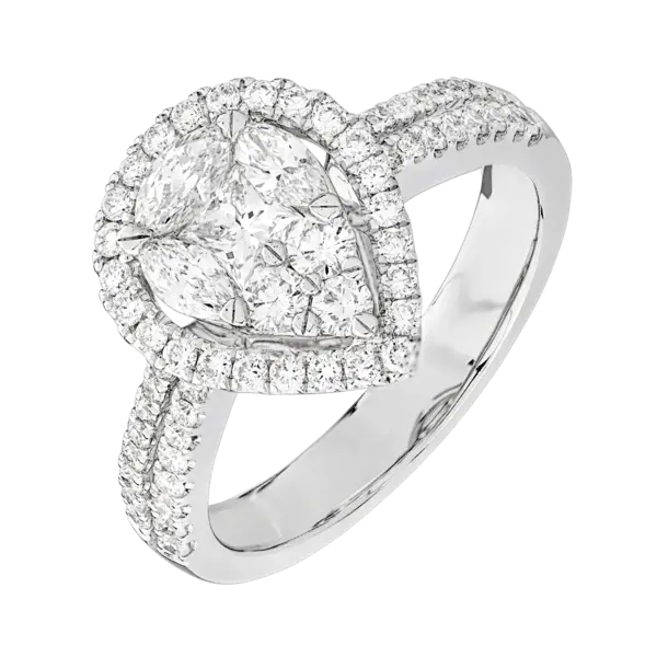 Inel din aur alb cu diamant pear de 0.2 si diamante de 0.9ct
