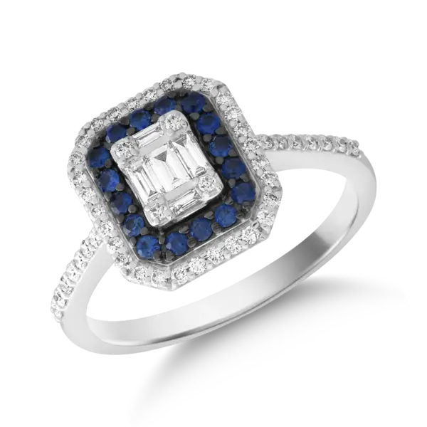 Inel din aur alb cu diamante baguette si rotunde de 0.1ct si safire de 0.2ct