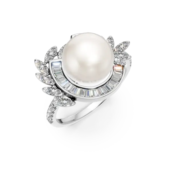 Inel din aur alb cu diamante baguette si rotunde de 0.4ct si perla de cultura
