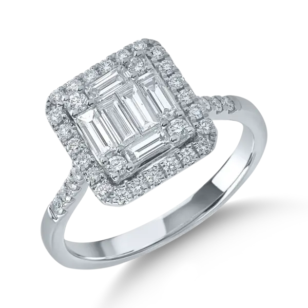 Inel din aur alb cu diamante baguette si rotunde de 0.8ct