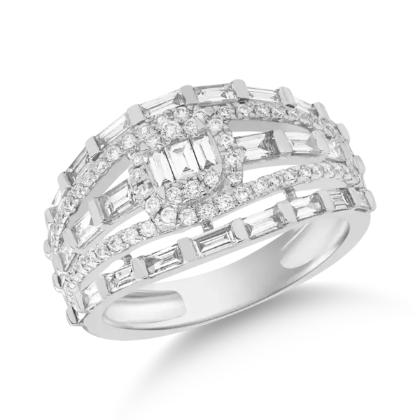 Inel din aur alb cu diamante baguette si rotunde de 0.9ct