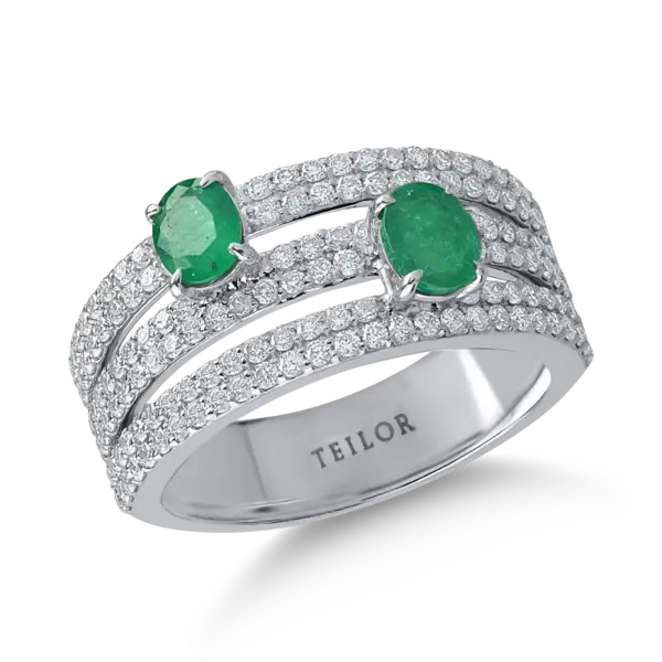 Inel din aur alb cu diamante de 0.9ct si smaralde ovale de 0.6ct
