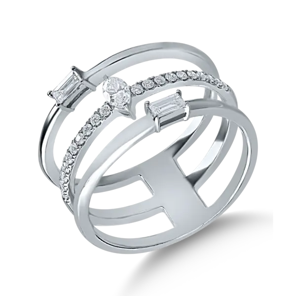 Inel din aur alb cu diamante marquise, baguette si rotunde de 0.41ct