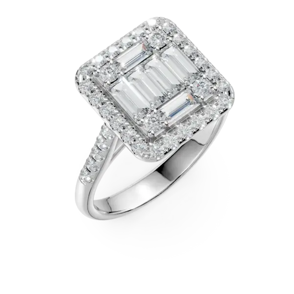 Inel din aur alb cu diamante microsetting baguette si rotunde de 1.3ct