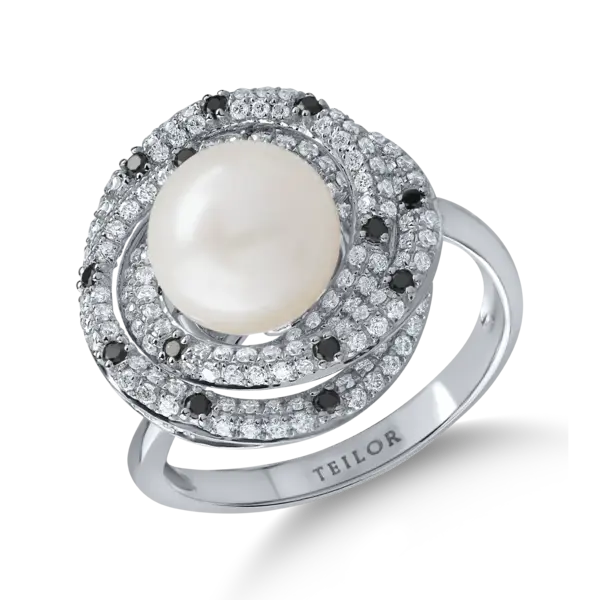 Inel din aur alb cu diamante negre si incolore de 0.7ct si perla de cultura