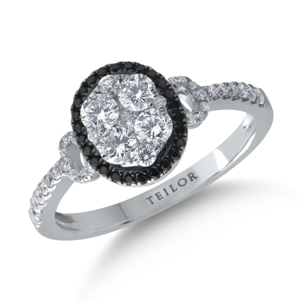 Inel din aur alb cu diamante transparente de 0.64ct si diamante negre de 0.08ct