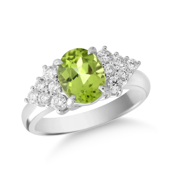 Inel din aur alb cu peridot oval de 2.1ct si diamante de 0.4ct