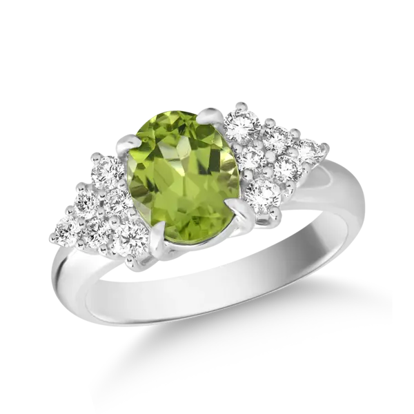 Inel din aur alb cu peridot oval de 2ct si diamante de 0.4ct