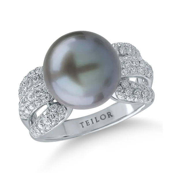 Inel din aur alb cu perla de cultura de 12ct si diamante de 0.8ct
