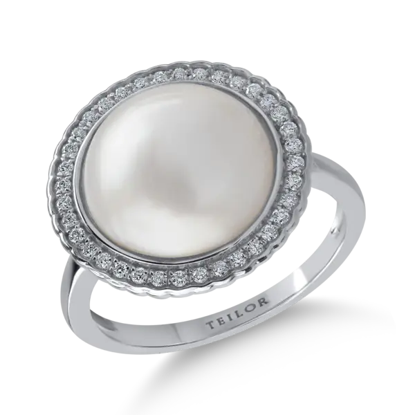 Inel din aur alb cu perla de cultura de 4.025ct si diamante de 0.191ct