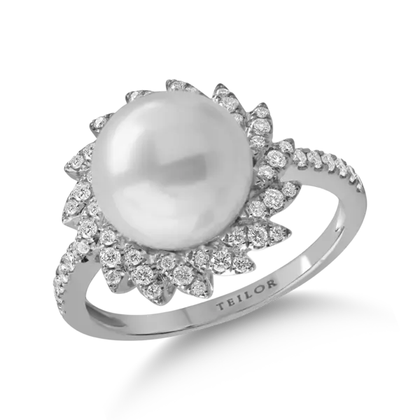 Inel din aur alb cu perla de cultura de 6.2ct si diamante de 0.3ct