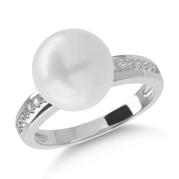 Inel din aur alb cu perla de cultura de 7.5ct si diamante de 0.11ct