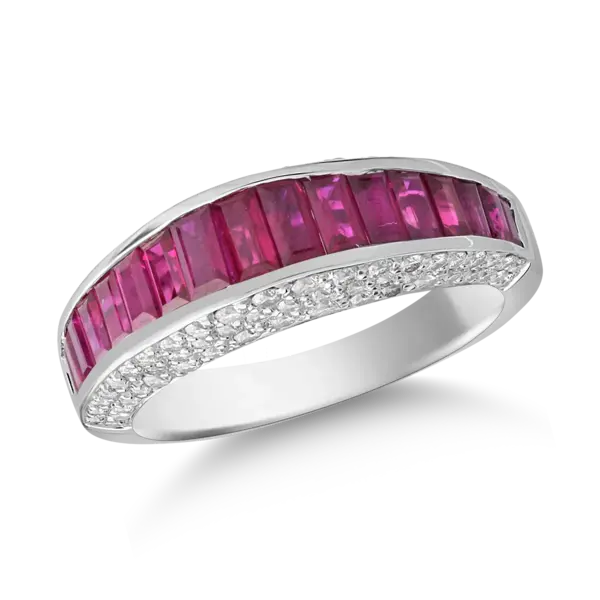 Inel din aur alb cu rubine baguette de 1.7ct si diamante de 0.8ct