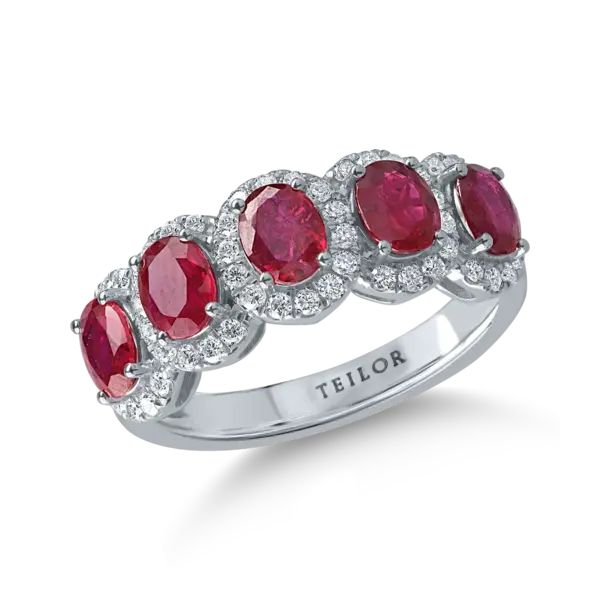 Inel din aur alb cu rubine ovale de 1.8ct si diamante de 0.4ct
