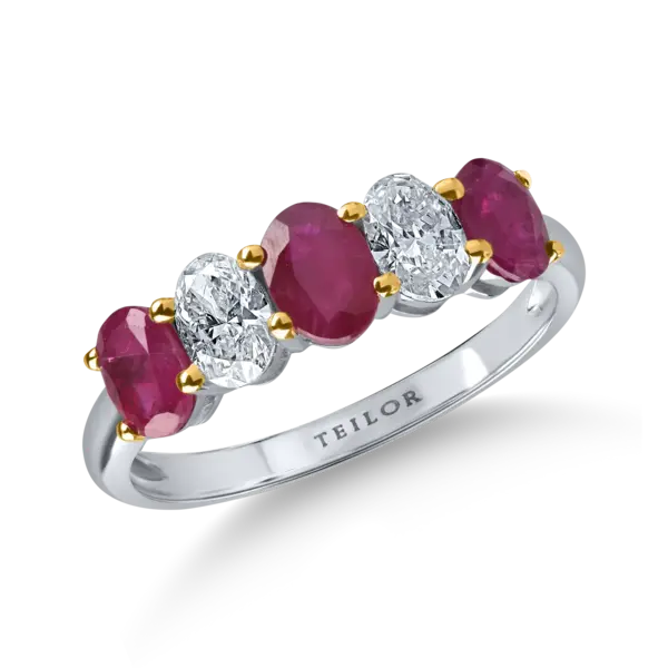 Inel din aur alb cu rubine ovale tratate de 1.05ct si diamante de 0.6ct