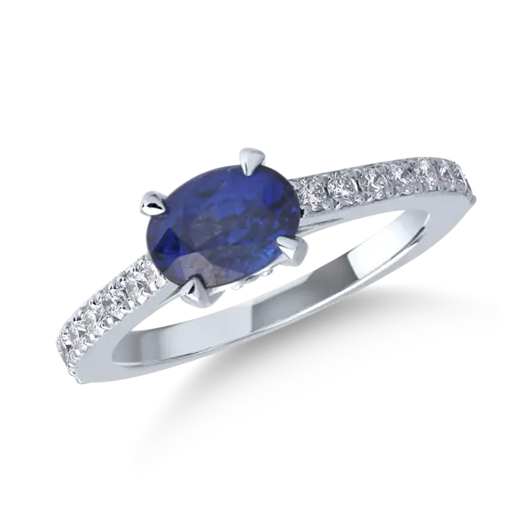 Inel din aur alb cu safir oval de 1.1ct si diamante de 0.2ct