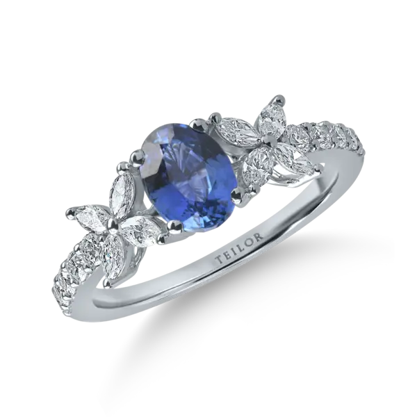 Inel din aur alb cu safir oval de 1.55ct si diamante de 0.5ct