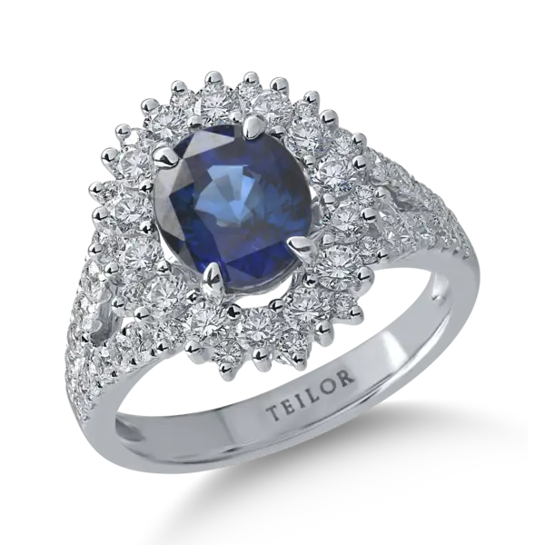 Inel din aur alb cu safir oval de 2.3ct si diamante de 1.3ct