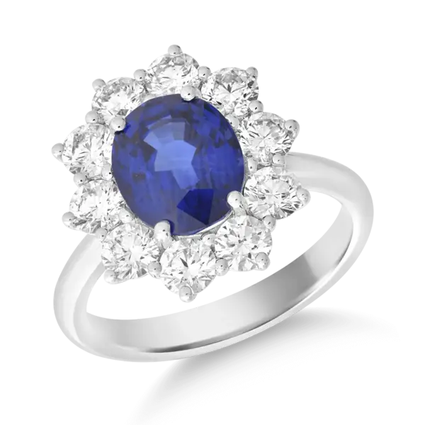 Inel din aur alb cu safir oval de 3.42ct si diamante de 1.62ct