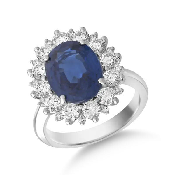 Inel din aur alb cu safir oval de 4.96ct si diamante de 1.37ct