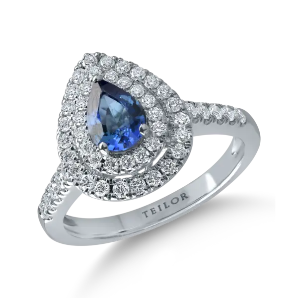 Inel din aur alb cu safir pear de 0.74ct si diamante de 0.55ct