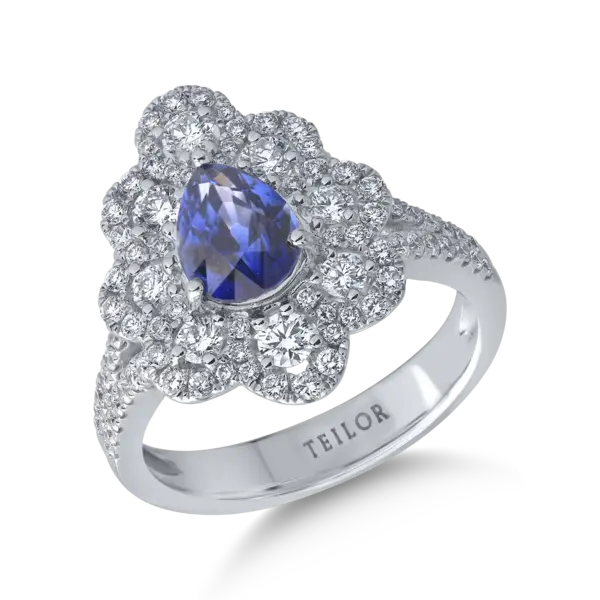 Inel din aur alb cu safir pear de 1.4ct si diamante de 0.9ct