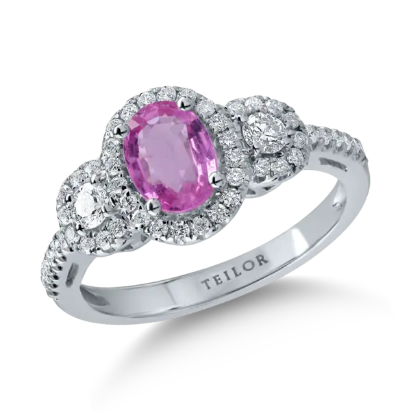 Inel din aur alb cu safir roz oval de 0.99ct si diamante de 0.5ct