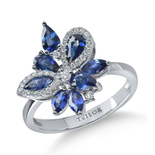 Inel din aur alb cu safire marquise si pear si diamante de 1.6ct