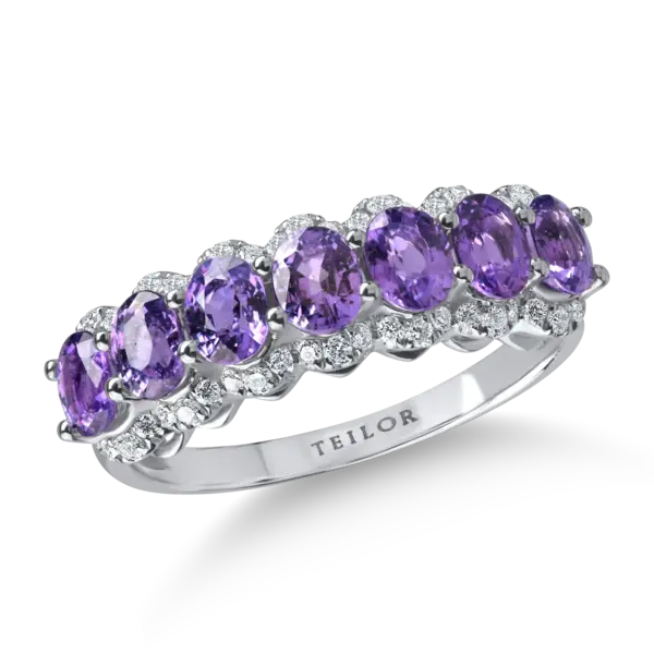 Inel din aur alb cu safire mov ovale de 1.7ct si diamante de 0.19ct