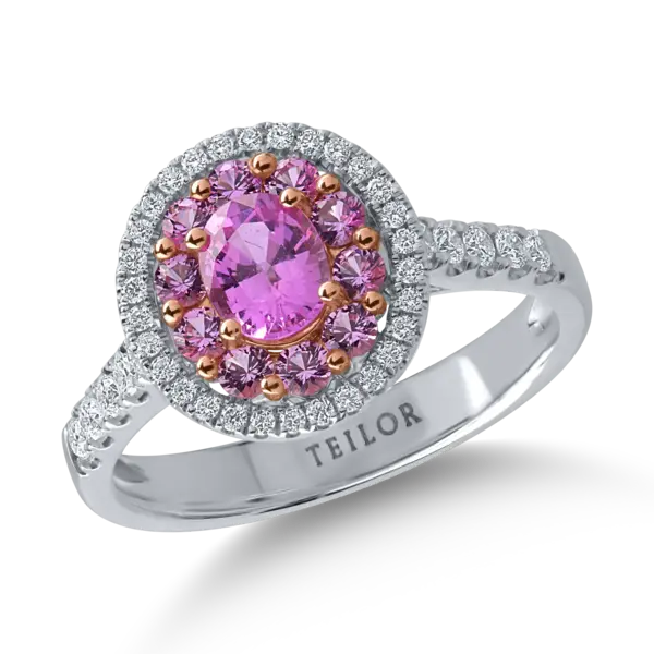 Inel din aur alb cu safire roz ovale si rotunde de 0.97ct si diamante de 0.3ct