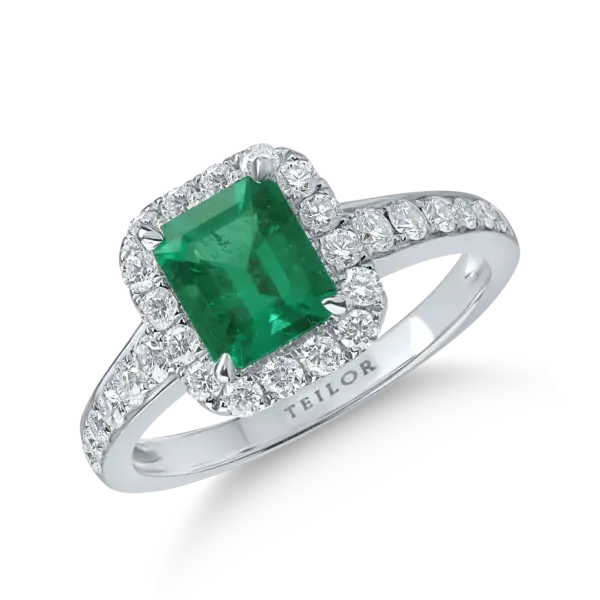 Inel din aur alb cu smarald emerald de 0.14ct si diamante de 0.66ct