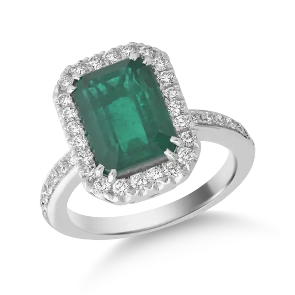 Inel din aur alb cu smarald octogonal de 4.68ct si diamante de 0.58ct