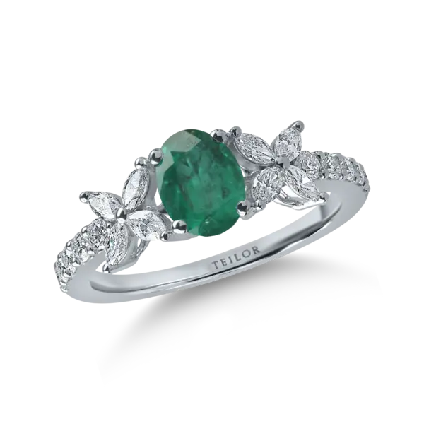Inel din aur alb cu smarald oval de 0.89ct si diamante de 0.5ct