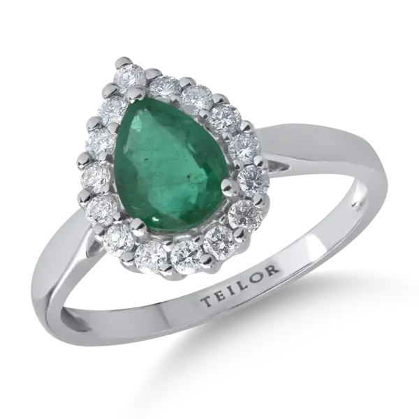 Inel din aur alb cu smarald oval de 0.9ct si diamante de 0.3ct