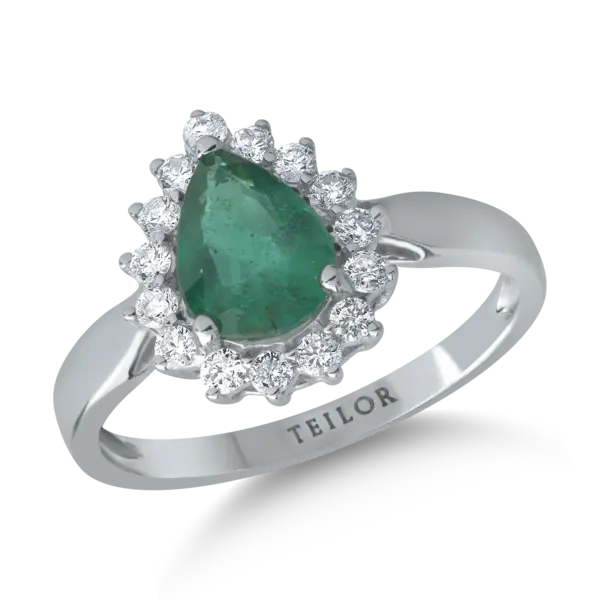 Inel din aur alb cu smarald pear de 1.07ct si diamante de 0.2ct