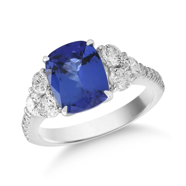 Inel din aur alb cu tanzanit cushion de 2.9ct si diamante de 1ct