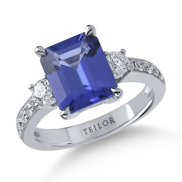 Inel din aur alb cu tanzanit emerald de 3.4ct si diamante de 0.6ct