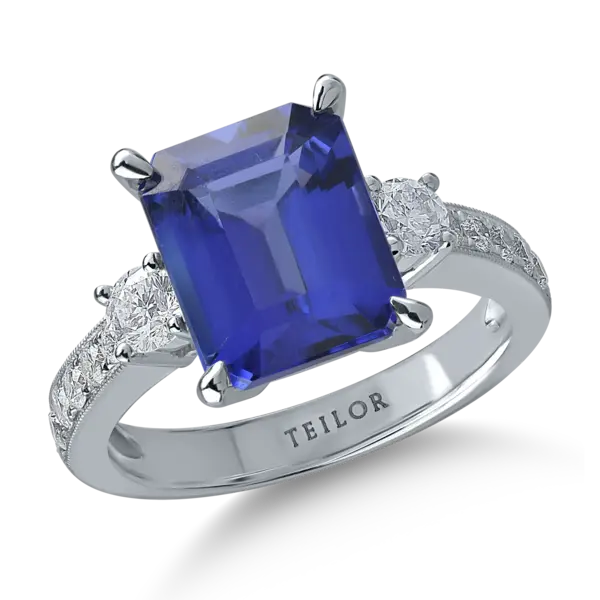 Inel din aur alb cu tanzanit emerald de 4ct si diamante de 0.6ct