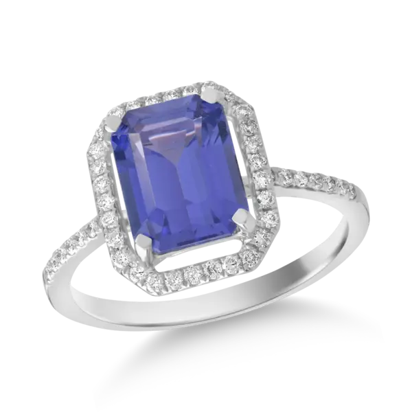 Inel din aur alb cu tanzanit octogonal de 2.06ct si diamante de 0.2ct