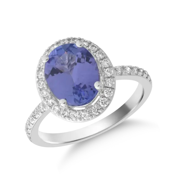 Inel din aur alb cu tanzanit oval de 2.1ct si diamante de 0.19ct