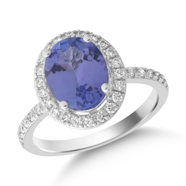 Inel din aur alb cu tanzanit oval de 2.1ct si diamante de 0.2ct