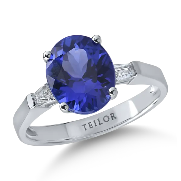 Inel din aur alb cu tanzanit oval de 2.8ct si diamante baguette de 0.1ct
