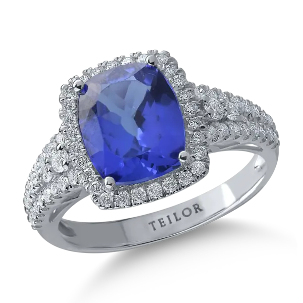 Inel din aur alb cu tanzanit rectangular de 2.89ct si diamante de 0.49ct