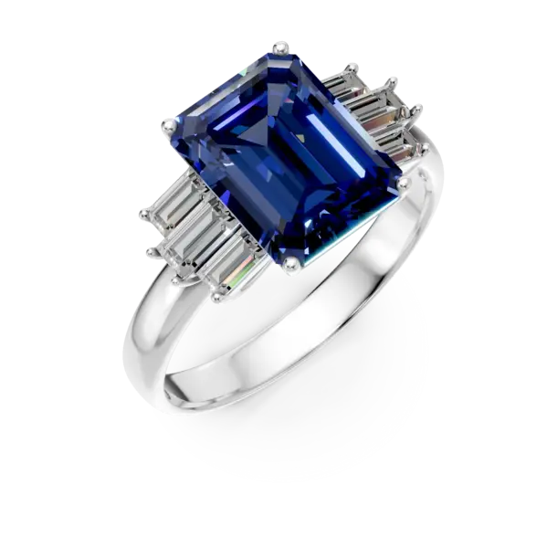 Inel din aur alb cu tanzanit rectangular de 5ct si diamante de 0.57ct