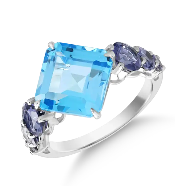 Inel din aur alb cu topaz albastru octogonal de 5.7ct si iolite de 0.8ct